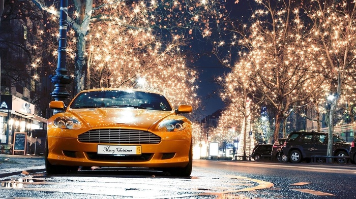 beauty, trees, Aston Martin, cars, headlights, auto, lights, highlights, lighting, street