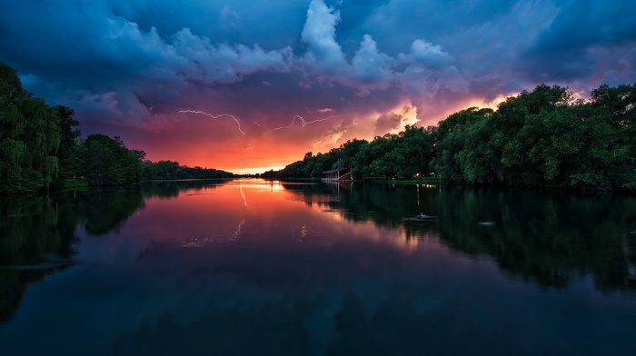 clouds, lightning, lake