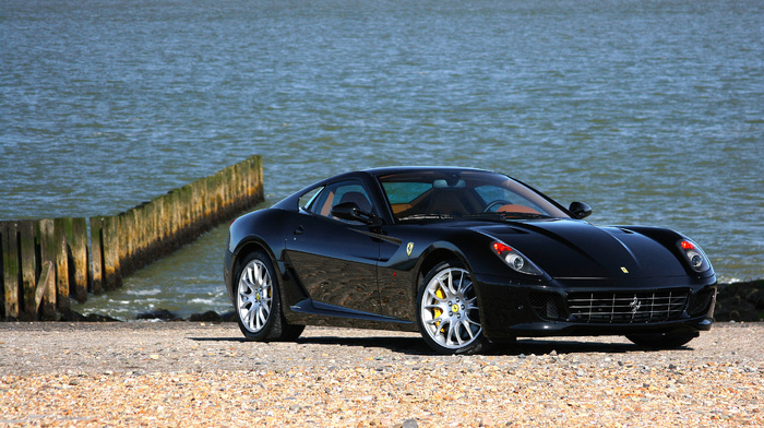 black, wheels, sportcar, Ferrari, supercar, sea, cars, ocean, beach