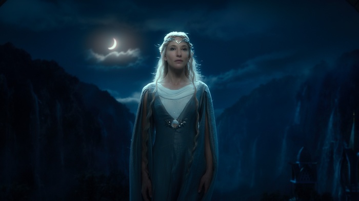 Galadriel, blonde, moonlight, The Lord of the Rings The Fellowship of , elves, fantasy art, Cate Blanchett