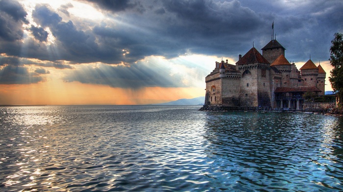 castle, water, sunlight, chillon, clouds, sea