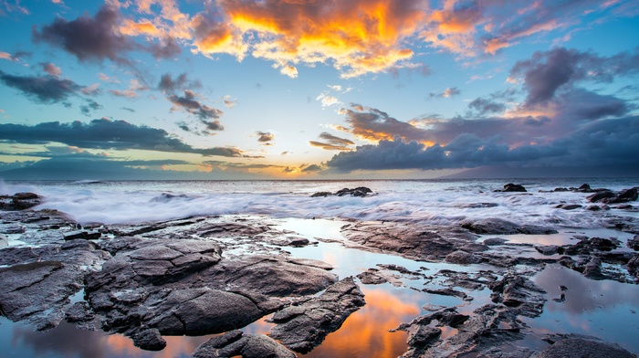 clouds, stones, water, waves, coast, sunset, sea