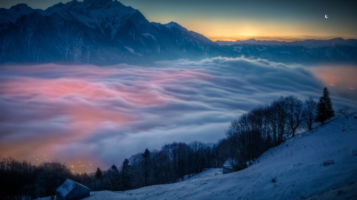 city, mist, snow, mountain, sunset