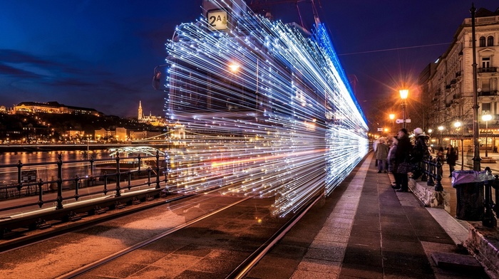 artwork, light trails, train, cityscape, Budapest, lights, long exposure