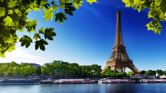 Paris, cityscape, Eiffel Tower, river, leaves, France