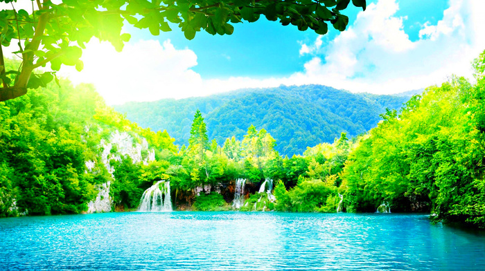 forest, pond, waterfall, trees, photoshop, lake, sky, rocks, mountain, nature