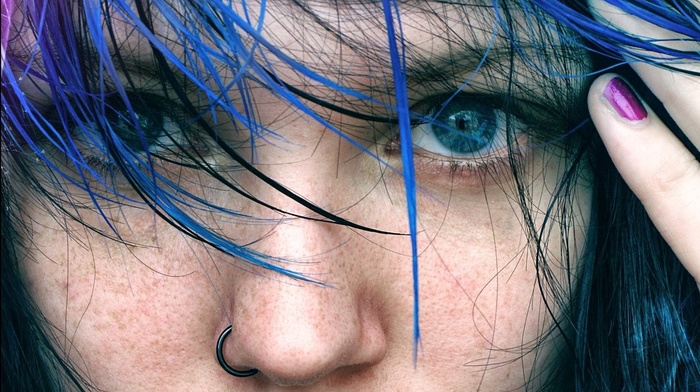 pierced nose, blue hair, blue eyes, girl