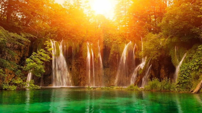 lake, Sun, forest, waterfall, sunset, nature
