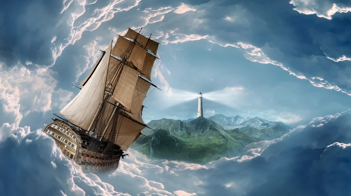 clouds, lighthouse, mountain, 3D, photoshop, sailfish, fantasy, ship