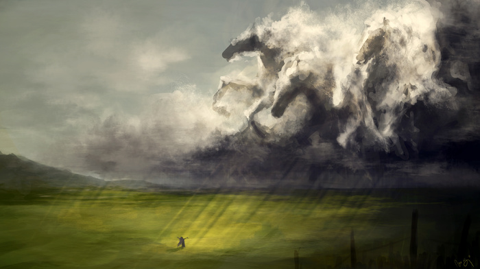 horses, stunner, clouds, rays, girl, art, field, rain, figure