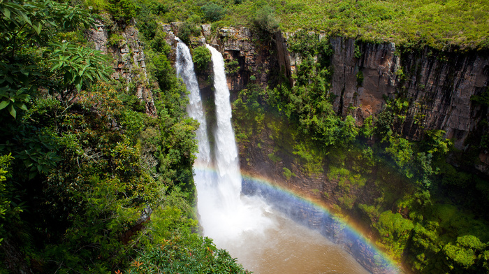 rocks, rainbow, water, nature, forest, river, beautiful, waterfall