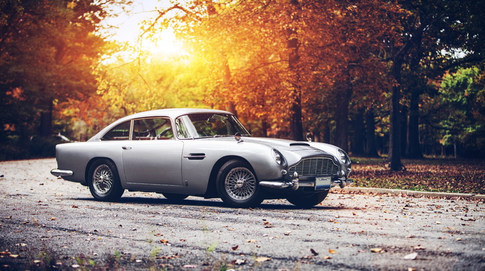 cars, Aston Martin, sunset, retro, autumn, road, Sun