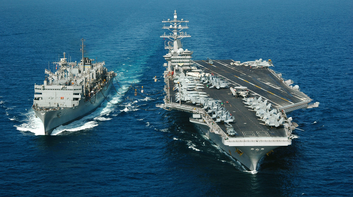 USA, ocean, helicopter, gun, jet fighter, ships, sea