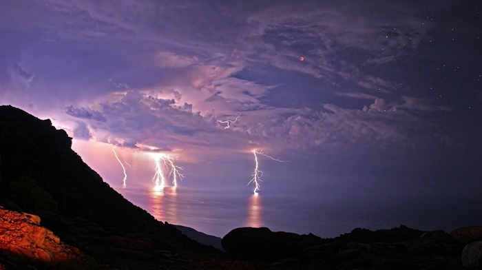 ocean, sky, rocks, night, photo, stars, stunner, nature, lightning