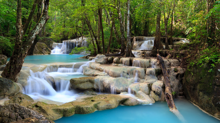 stones, river, trees, waterfall, nature, forest