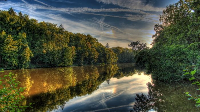water, reflection, river, nature, sky, stunner, trees