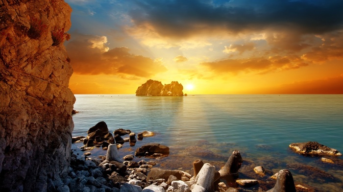 landscape, beach, rocks, sunset, sky, nature, sea, Sun