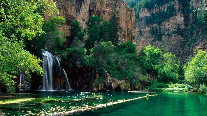 beauty, waterfall, mountain, greenery, lake, water, nature, trees