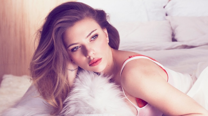 red bras, white tops, Scarlett Johansson, in bed