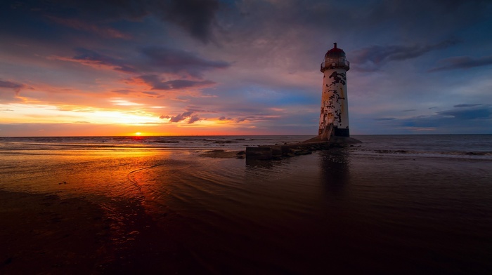 lighthouse, sunset, sea, beach
