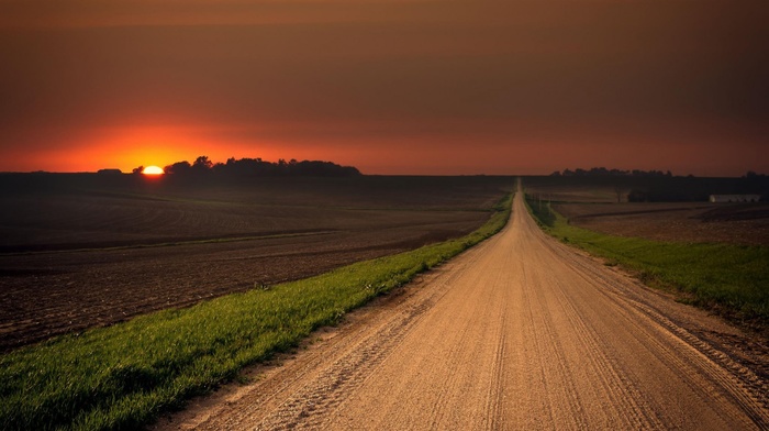 sunset, plains, path, landscape, dirt road