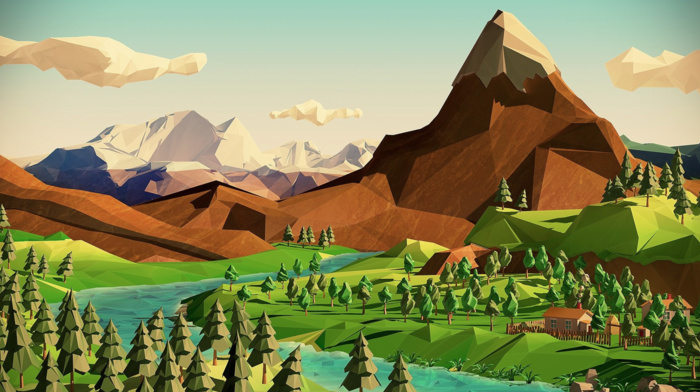 low poly, landscape, nature, fantasy art