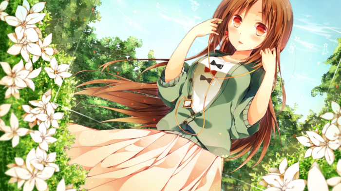 original characters, flowers, brunette, anime girls