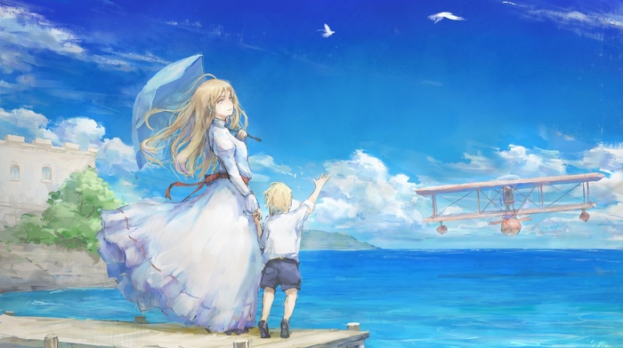 sea, original characters, umbrella, sky