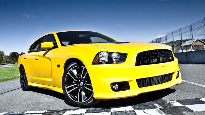 yellow, Dodge, road, cars