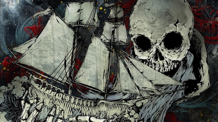drawing, skull, Atreyu, boat, paint splatter