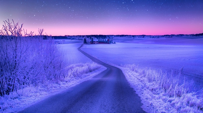 road, landscape, sunset, stars, field, winter, evening, snow, nature