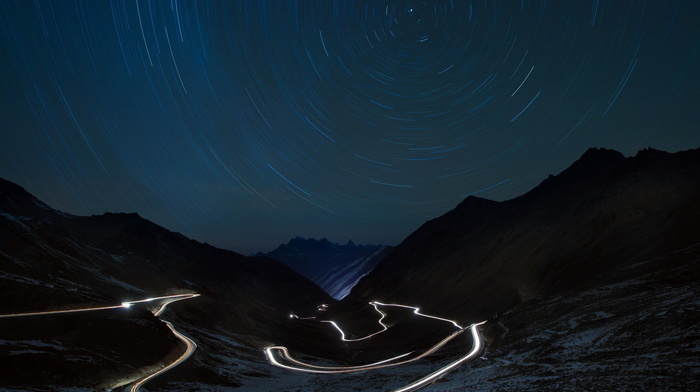 night, road, mountain, nature