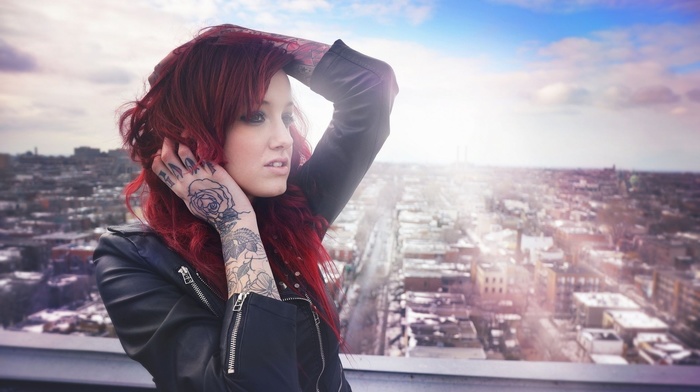 rooftops, city, tattoo, redhead, girl, sunlight, model