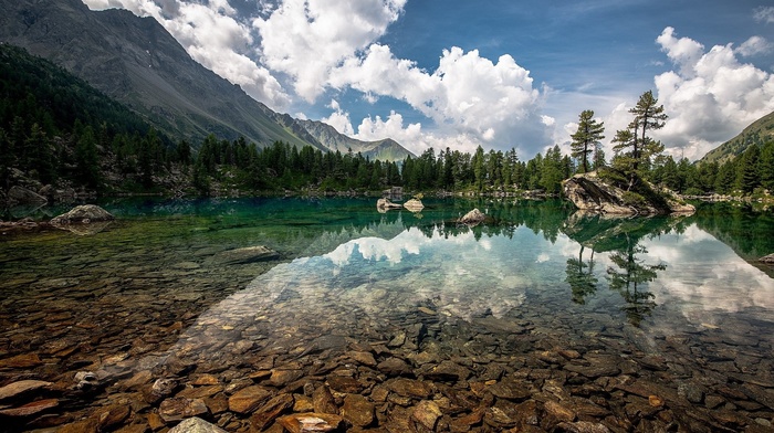 mountain, clouds, nature, trees, lake, stones