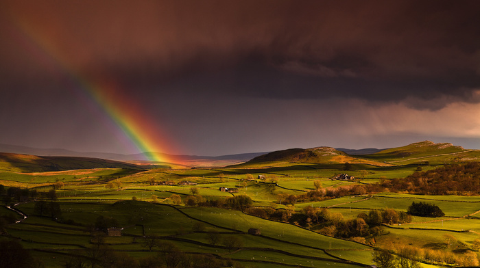 sky, rainbow, spring, nature, England, houses, hills