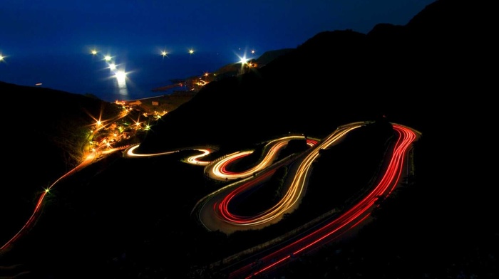 hairpin turns, road, night, light trails