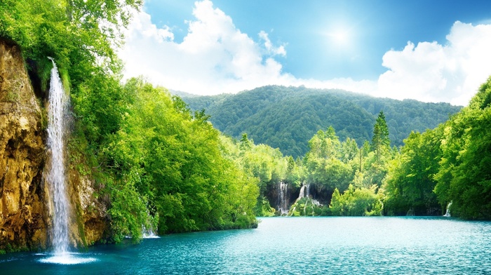 waterfall, forest, bay, nature, clouds