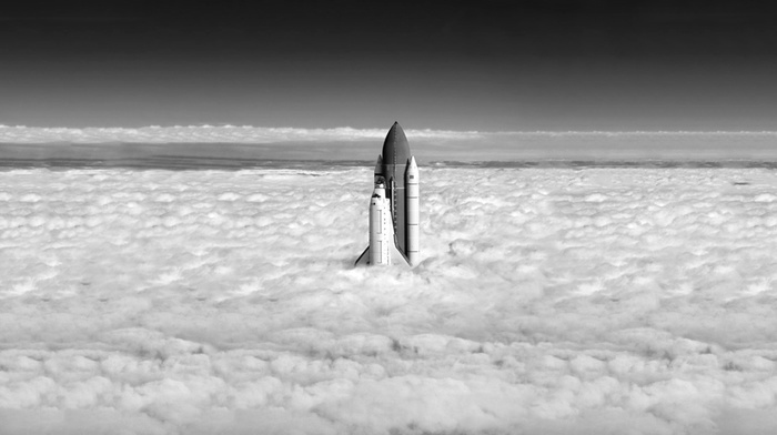 space shuttle, monochrome