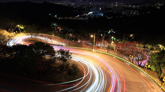 light trails, long exposure, night, hairpin turns, road
