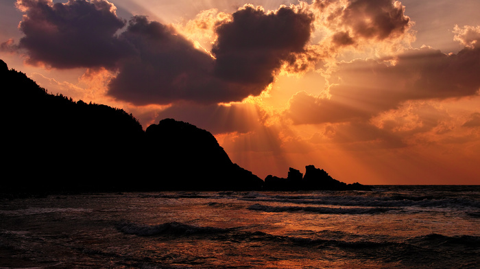 sunset, stunner, rocks, beach, wave, sky, clouds, sea, nature