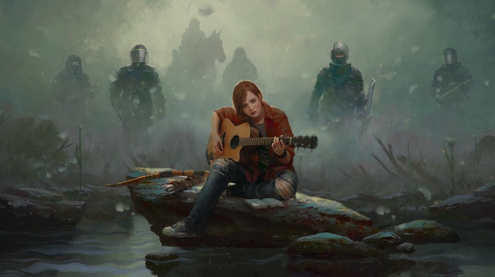 rain, The Last of Us, guitar, police, military, bows, Ellie, artwork, people, video games
