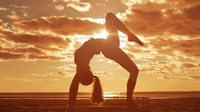 legs, stretching, girl outdoors, sunset, beach, clouds, ponytail, barefoot, sunlight, arched back, girl, yoga