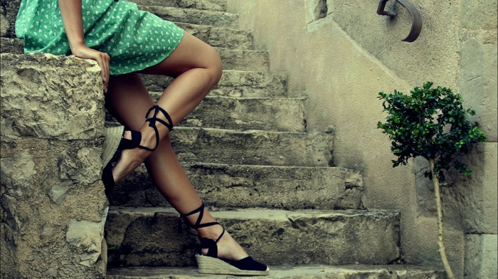 high heels, wedge shoes, legs, dress, girl, stairs