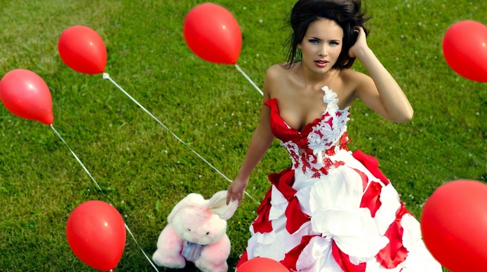stuffed animals, balloons, boobs, girl