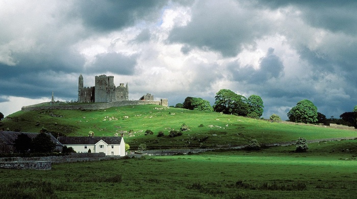 clouds, grass, castle, nature