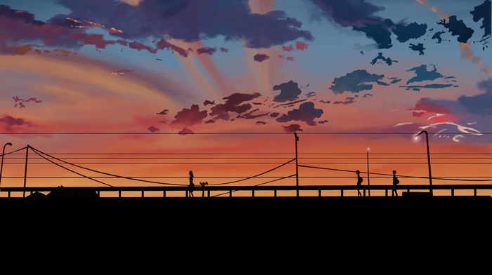 power lines, sunset, utility pole, 5 Centimeters Per Second, clouds, bridge, silhouette