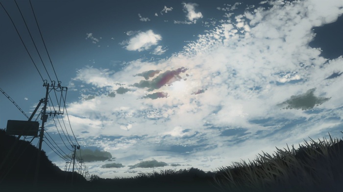 power lines, grass, 5 Centimeters Per Second, utility pole, clouds