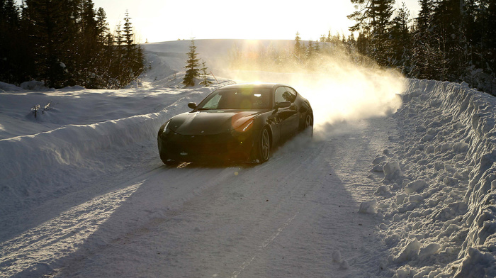 sky, cars, snow, winter, forest, Sun, car, speed, trees, road