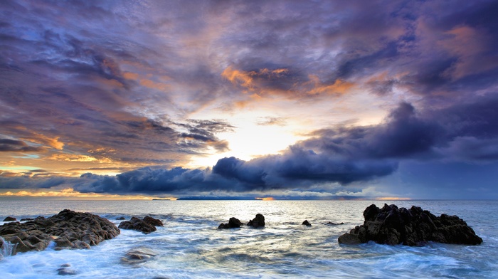 clouds, rock, nature, sunset, sea