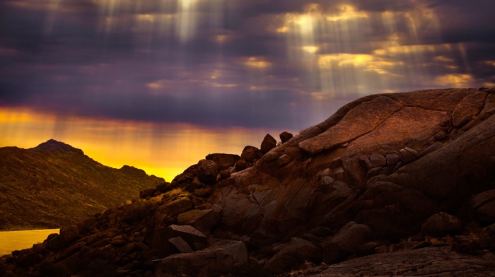 rock, sun rays, landscape